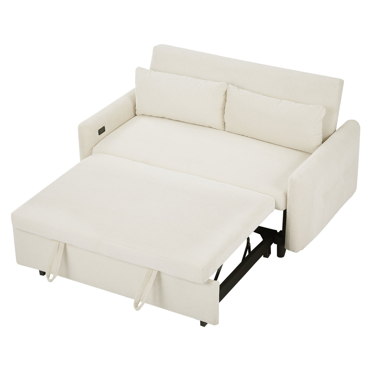 Modern Convertible Pull-out Sofa Bed with USB Ports and Pillows, Beige Corduroy, 57.48 inches