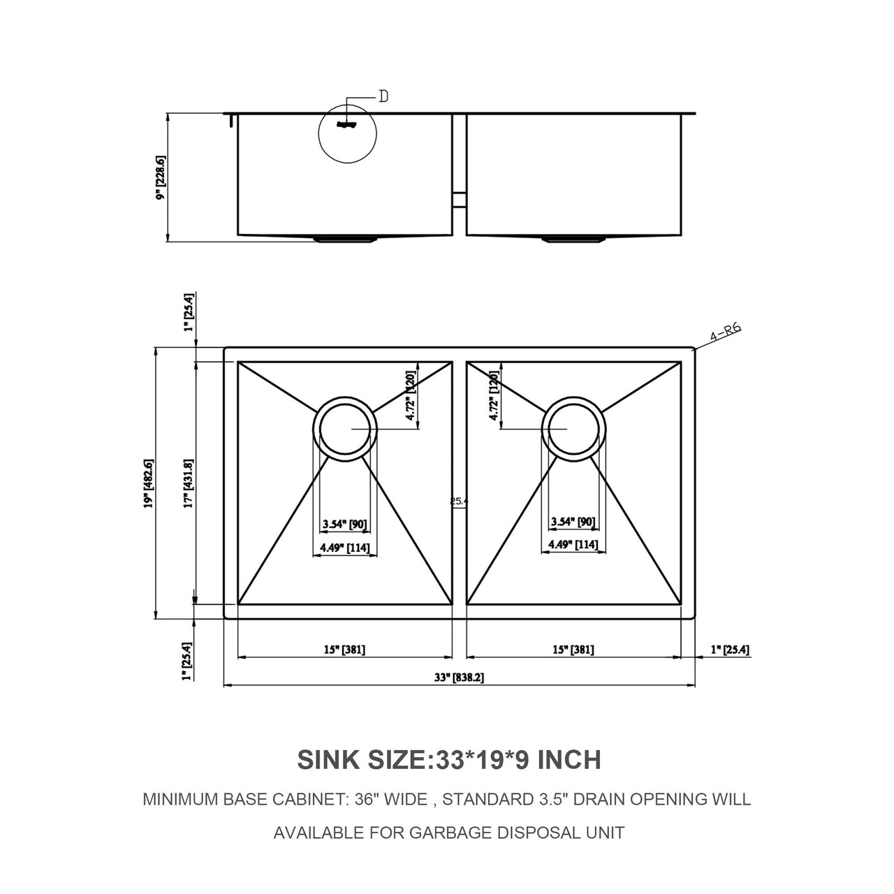 Brushed Nickel Undermount Double Bowl Kitchen Sink 33 x 19 in 16 Gauge Stainless Steel with 9 Inch Deep Basin