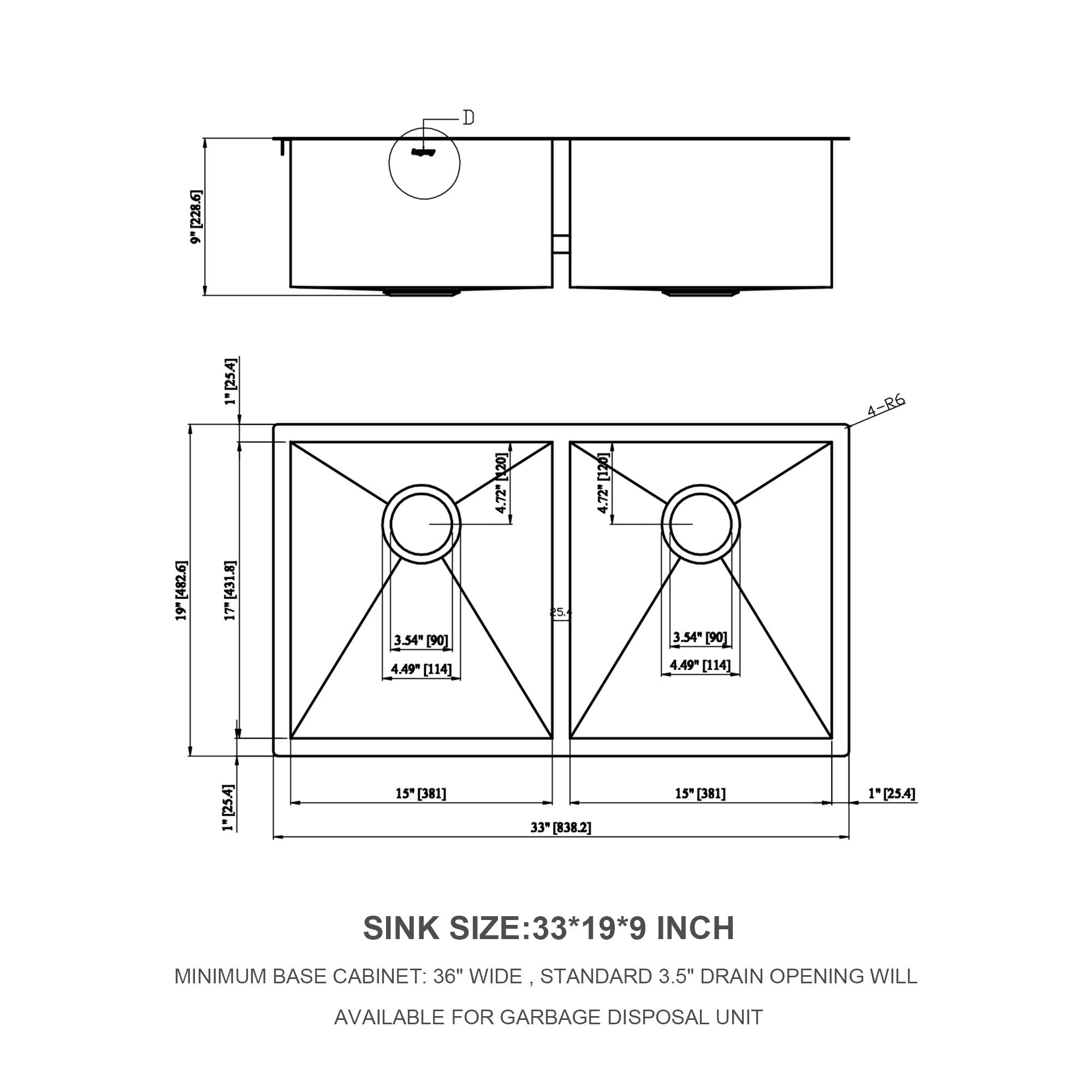 Brushed Nickel Undermount Double Bowl Kitchen Sink 33 x 19 in 16 Gauge Stainless Steel with 9 Inch Deep Basin