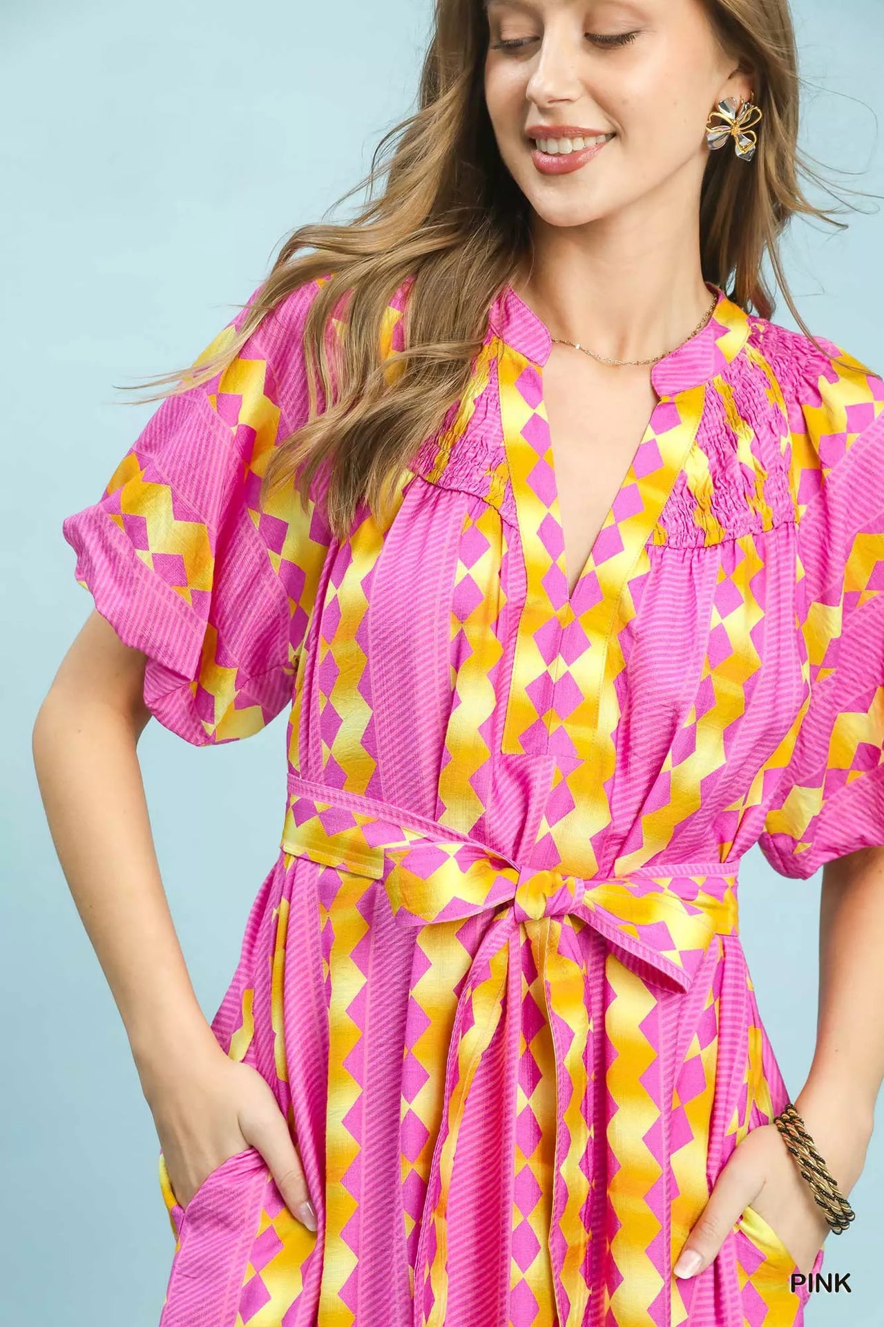 Umgee Geo Stripe Smocked Waist Tie Dress