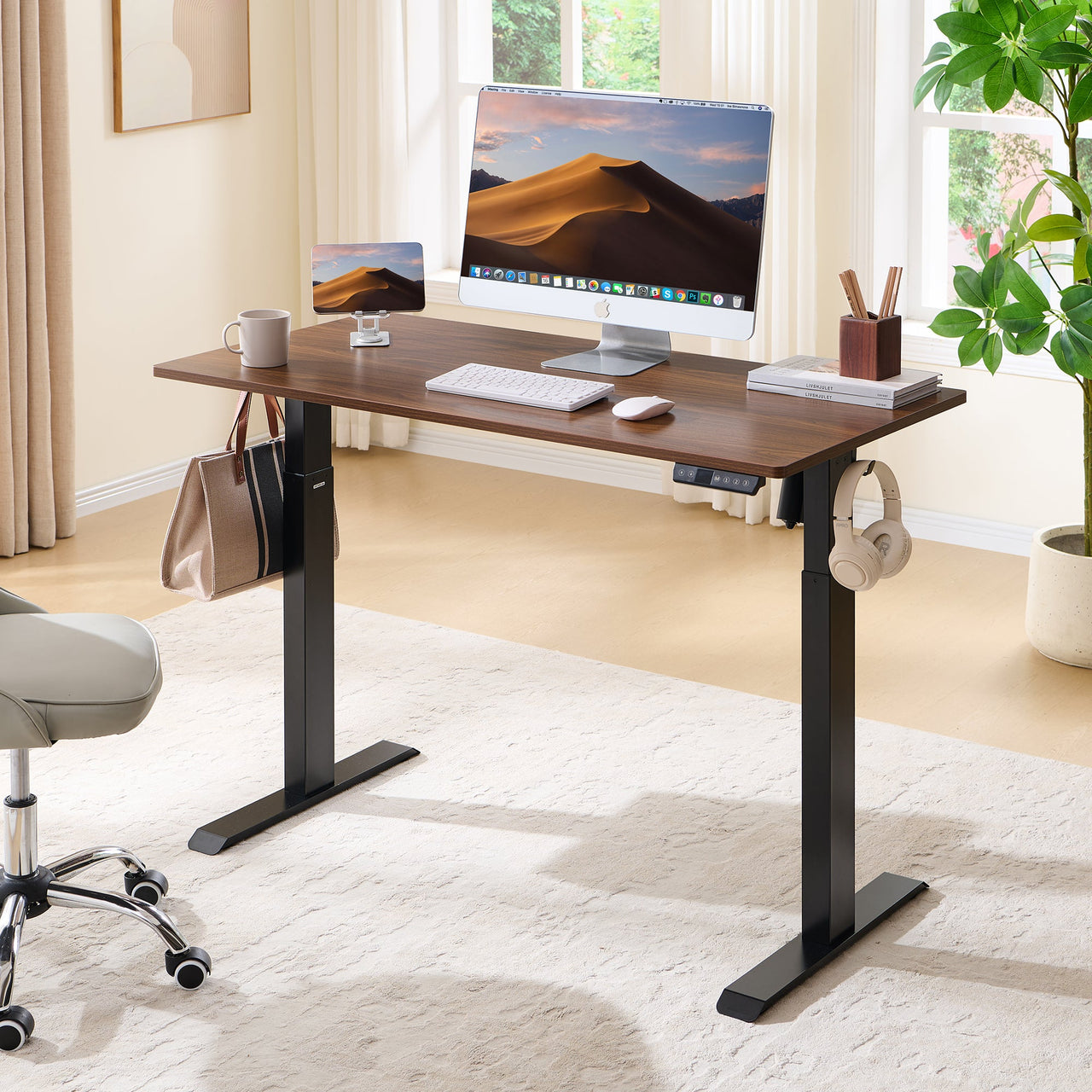 Electric Standing Desk, Adjustable Height Stand up Desk, 24x48 Inches Sit Stand Home Office Desk,Black Frame/Mahogany Top