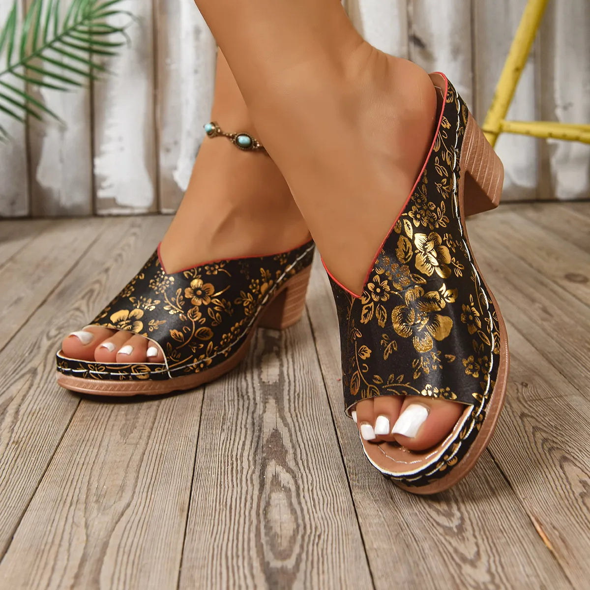 Printed Open Toe Block Heels Sandals