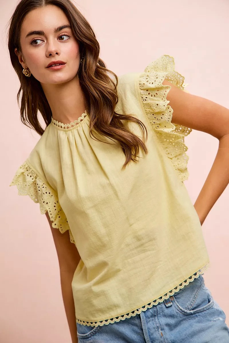 BiBi Cotton Solid Ruffle Sleeve Lace Detail Blouse Top