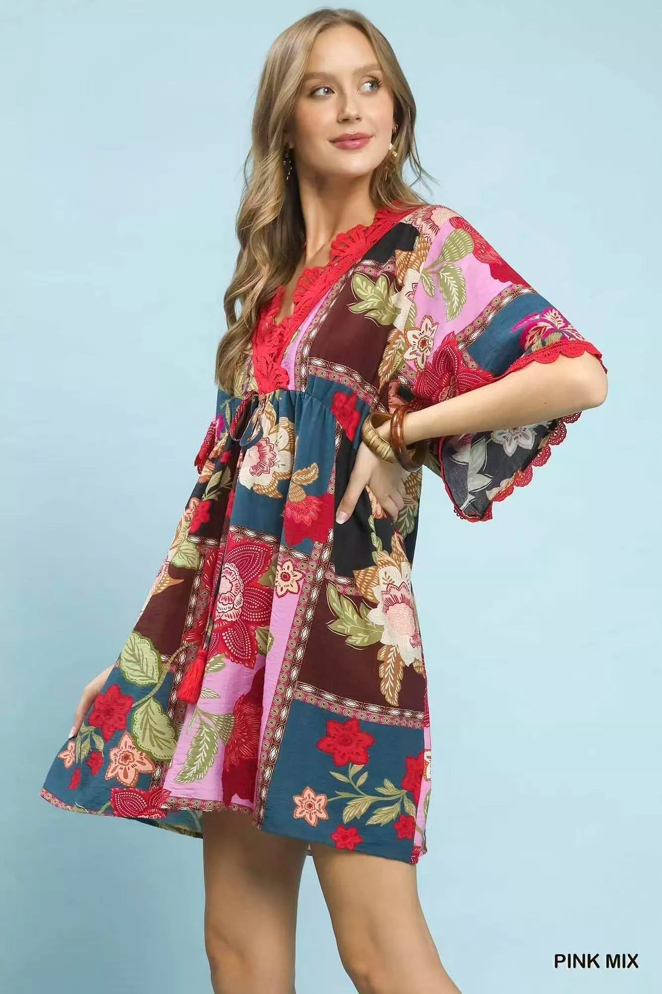 Umgee Abstract Print V-Neck Mini Dress