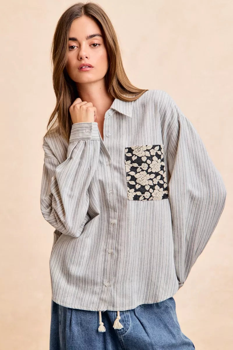 BiBi Flower Jacquard Knit Patch Pocket Stripe Shirt