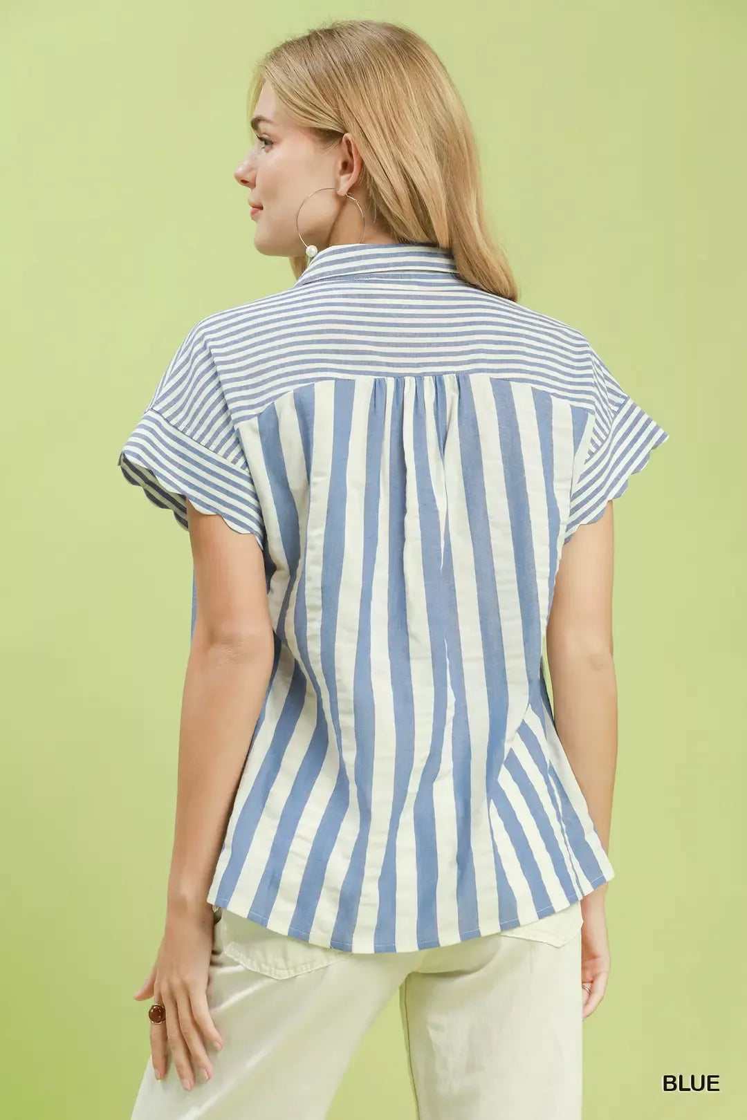 Umgee Striped Button Front Flutter Sleeve Top