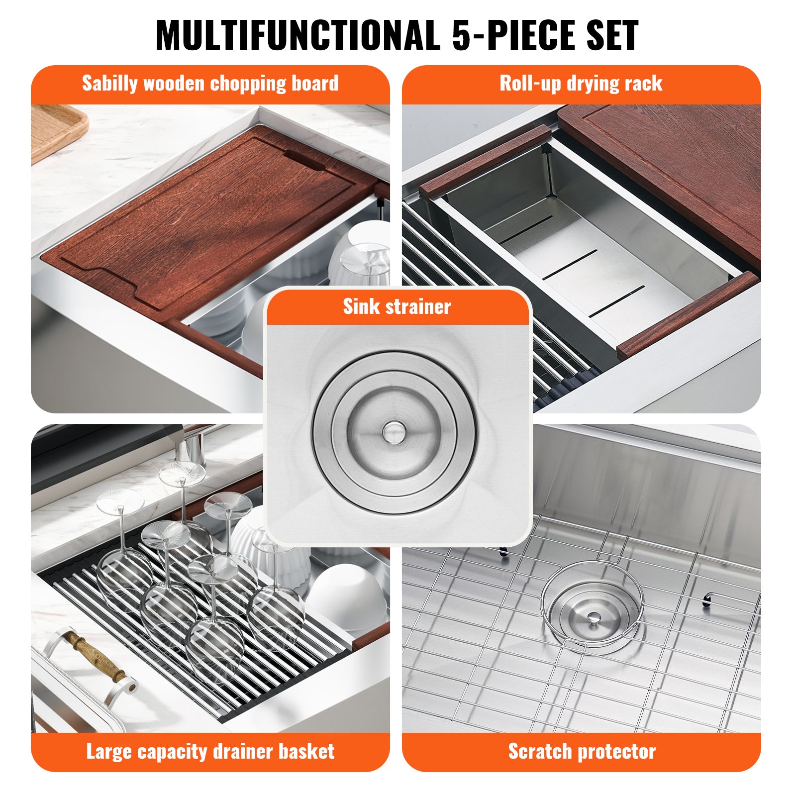 Farmhouse Kitchen Sink, 304 Stainless Steel Drop-In Sinks, Single Bowl Basin with Ledge & Accessories, Household Dishwasher Sinks for Workstation, Prep Kitchen, and Bar Sink, 36 inch