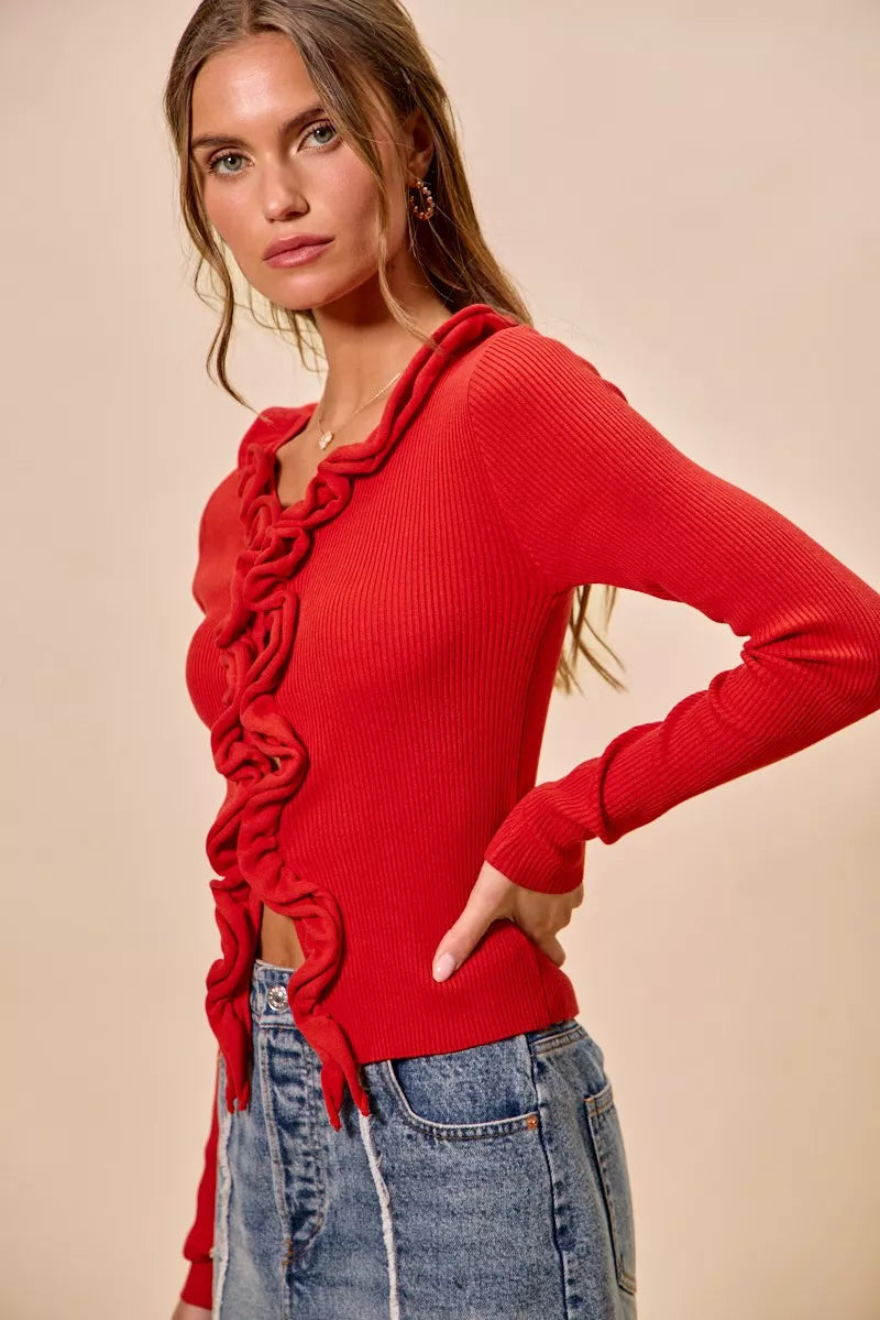 SO ME Cascade Ruffle Ribbed Sweater Cardgian