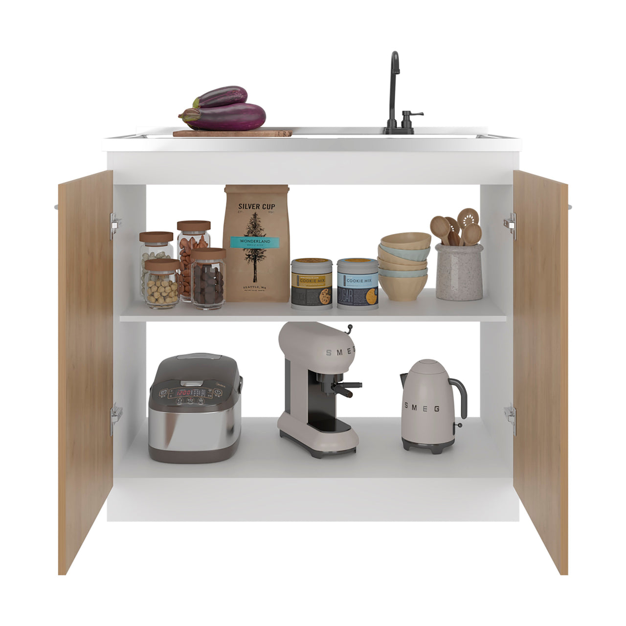 Salento Freestanding Sink, Double Door Cabinet, Two Shelves, White / Natural Oak