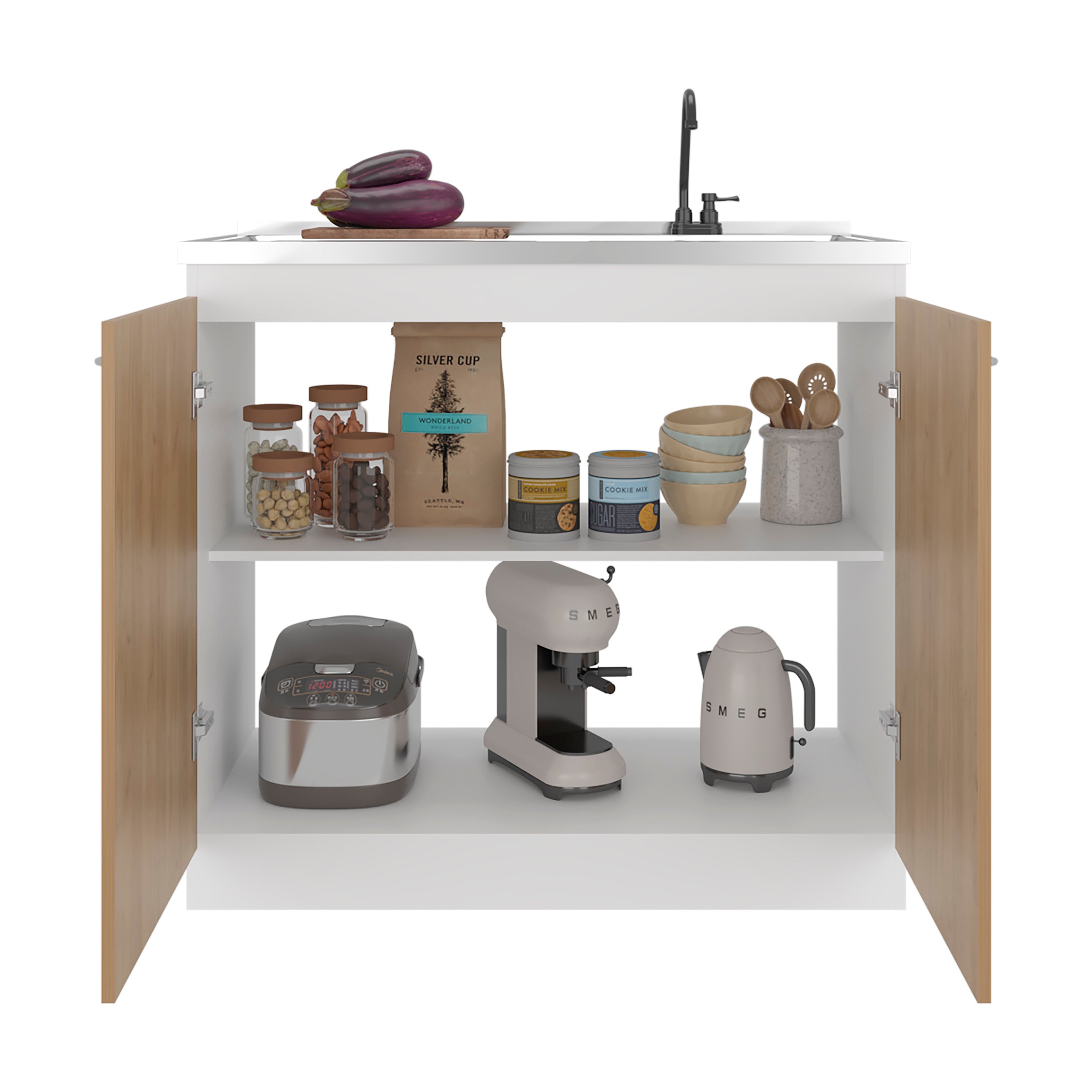 Salento Freestanding Sink, Double Door Cabinet, Two Shelves, White / Natural Oak