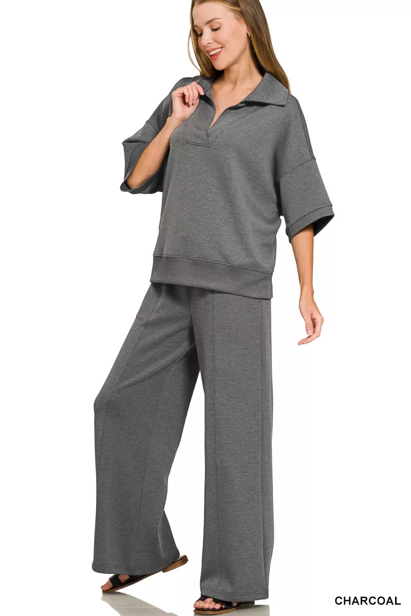 Zenana Scuba Collared Short Sleeve Pullover & Center Seam Pants Set