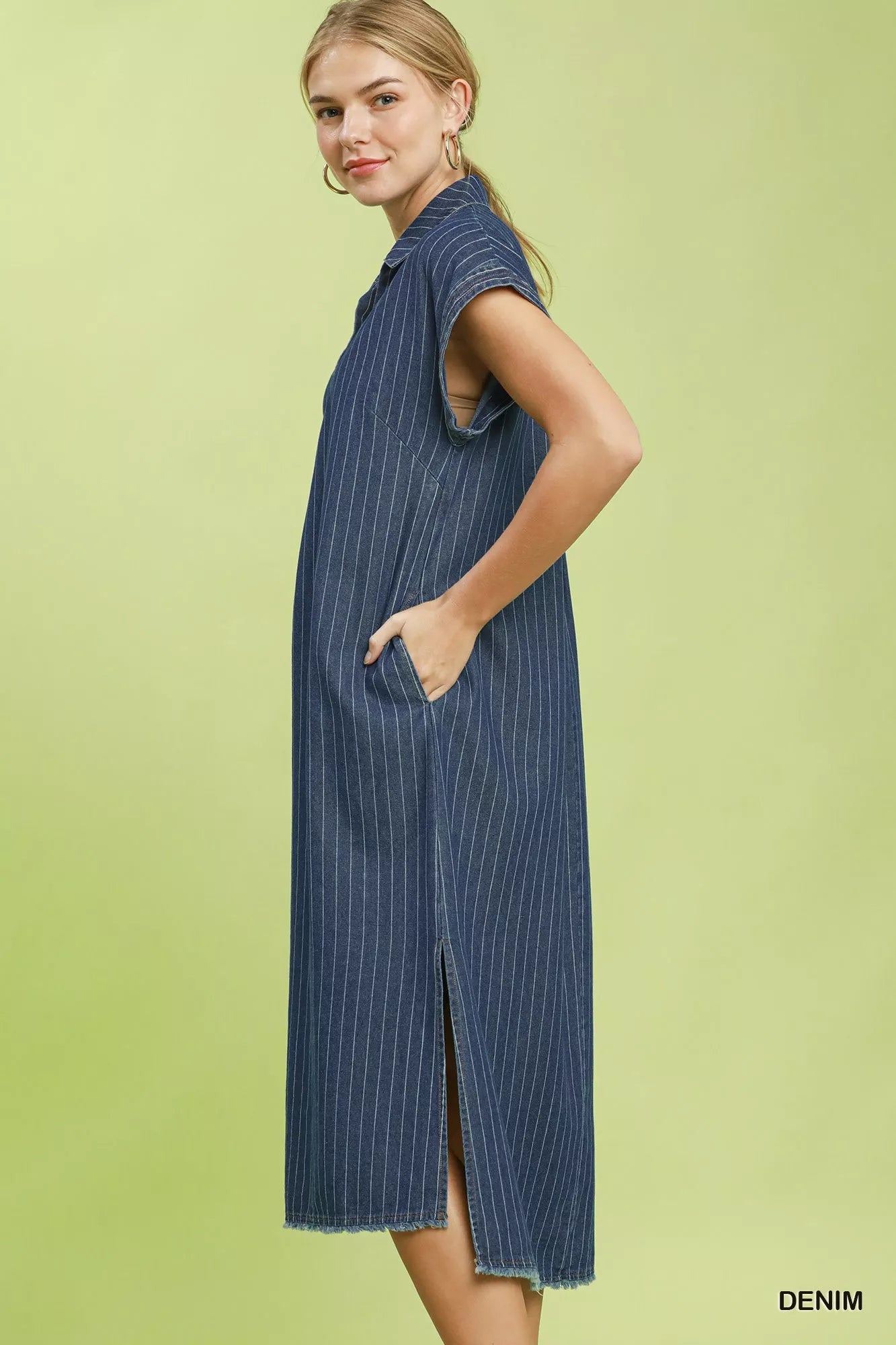 Umgee Pinstripe Denim Collared Midi Dress with Side Slits