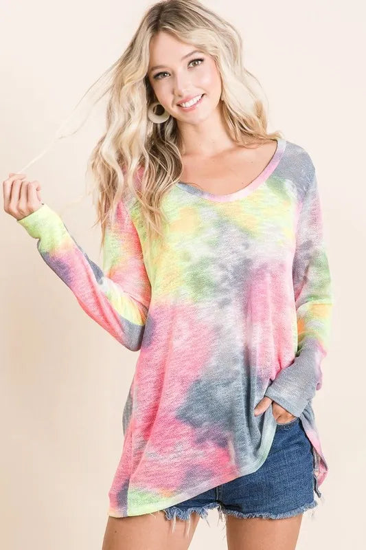 BiBi Tie Dye Print Low Gauge Knit Top