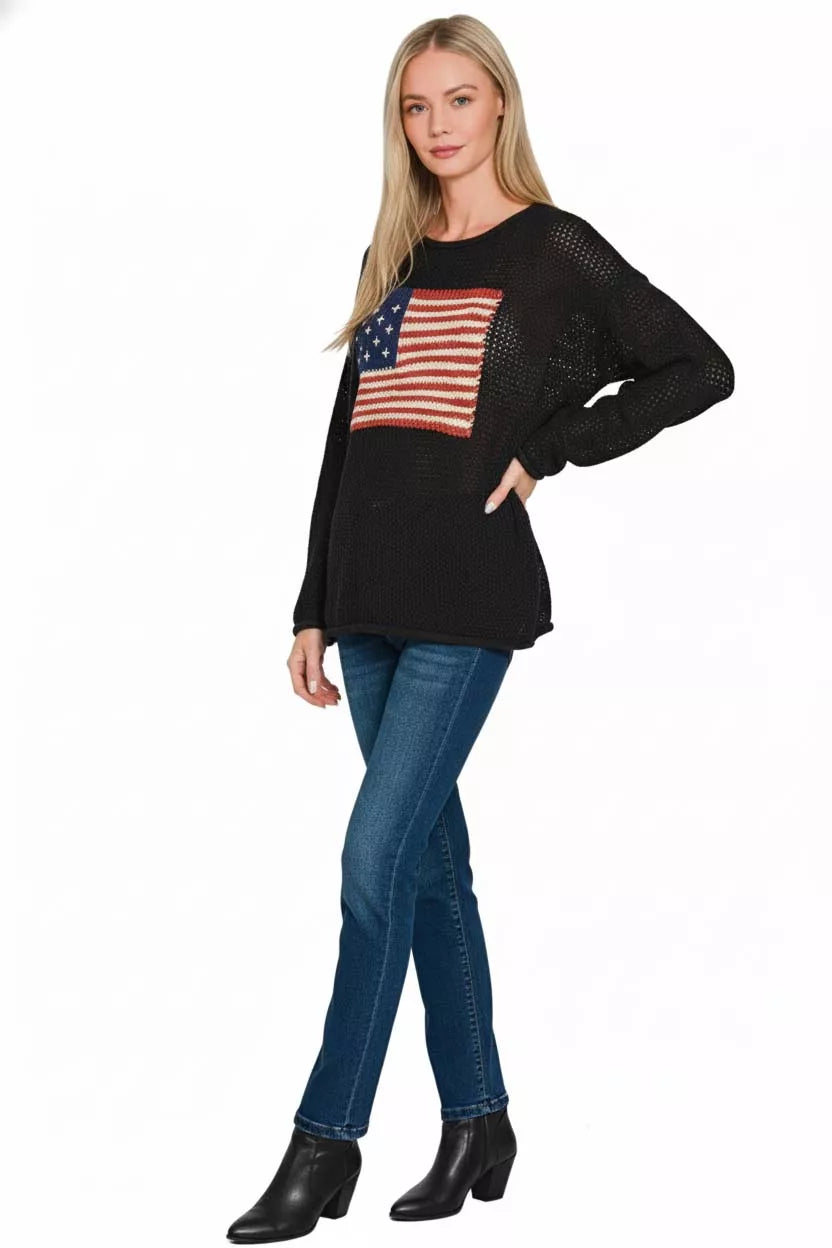 Zenana American Flag Crew Neck Sweater