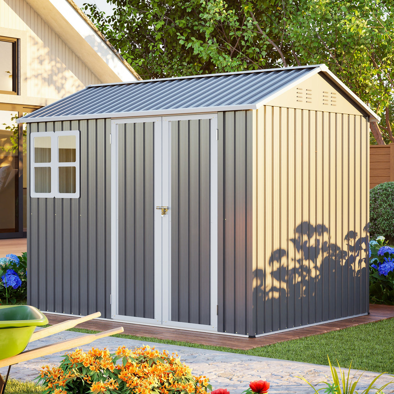 8'x6' Large Steel Storage Shed with Window, Lockable Doors & Sloped Roof, Heavy Duty Outdoor Tool Shed for Garden, Patio, Backyard, Lawn - Dark Gray