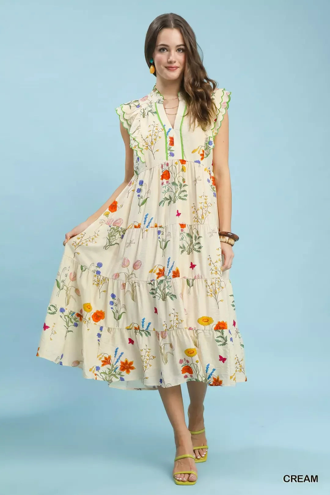 Umgee Floral Ruffle Tiered Midi Dress with Scalloped Detail