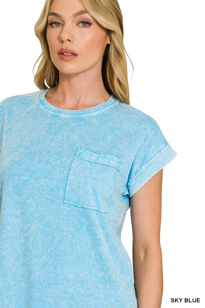 Zenana Halo Snow Washed Cuffed Short Sleeve Tee