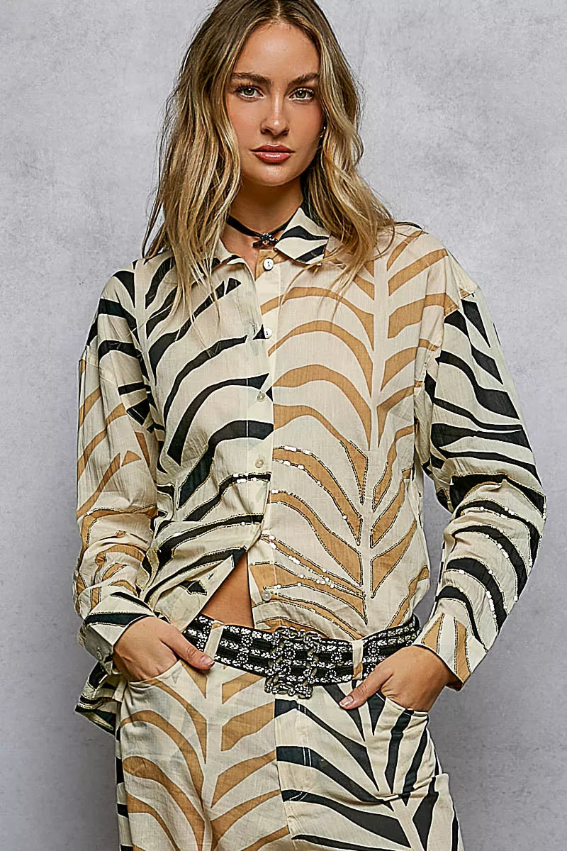POL Two-Tone Printed Woven Spangle Long Sleeve Shirt
