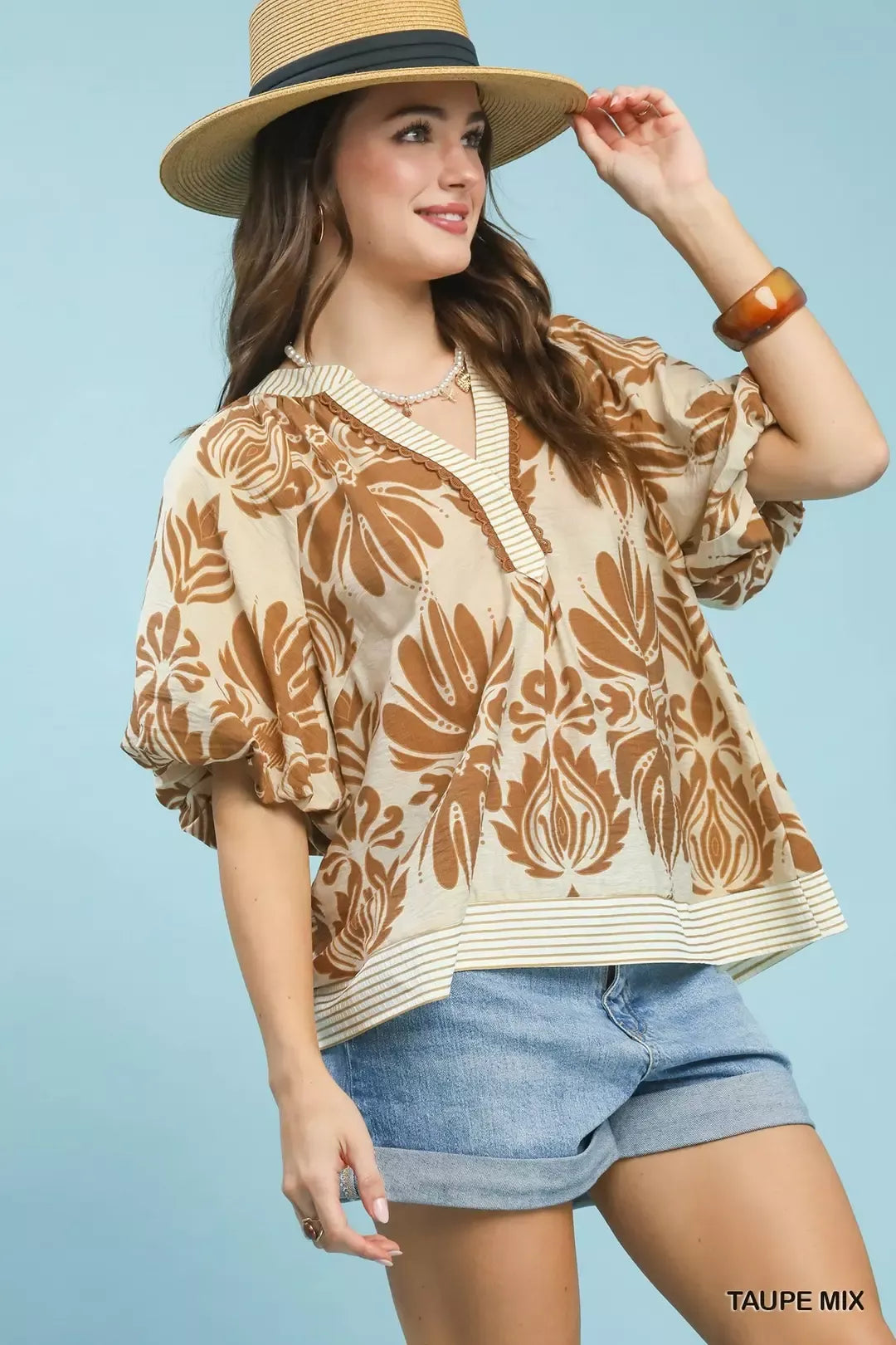 Umgee Mix Printed Puff Sleeve Top with Contrast Trim