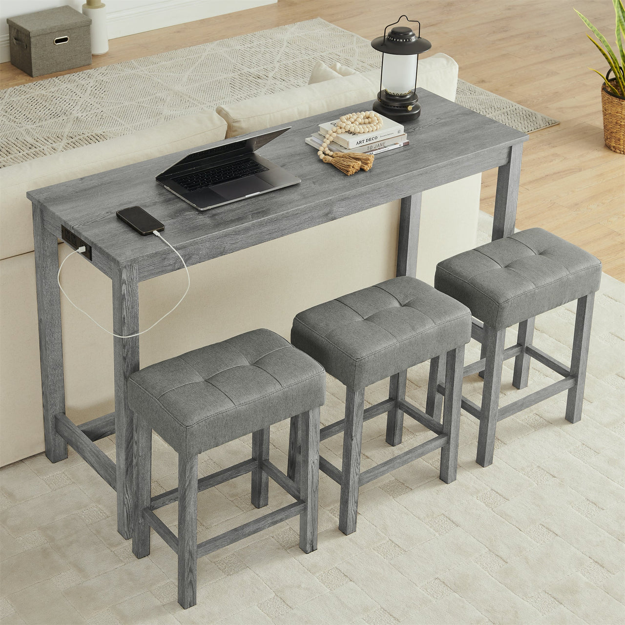 59 Inch Bar Table, Dining Table, Sofa Table with Power Outlet, 3 Upholstered Stools, 4 Piece Bar Table and Chair Set for Living Room, Dining Room, Kitchen