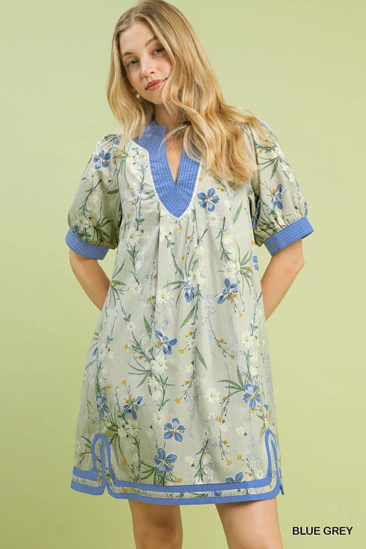 Umgee Floral Puff Sleeve Dress with Contrast Trim