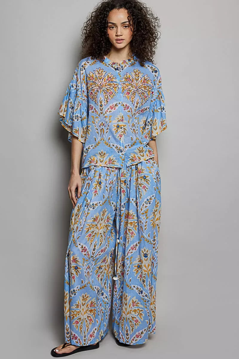 POL Floral Printed Woven Ruffle Sleeve Shirt