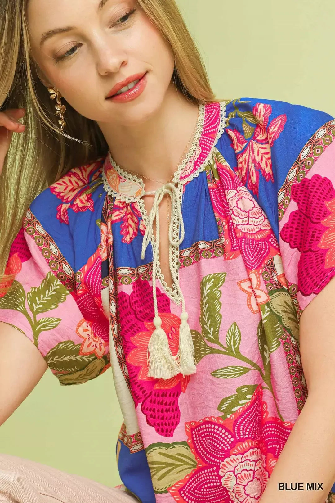 Umgee Mix Floral Patchwork Tassel Tie Top