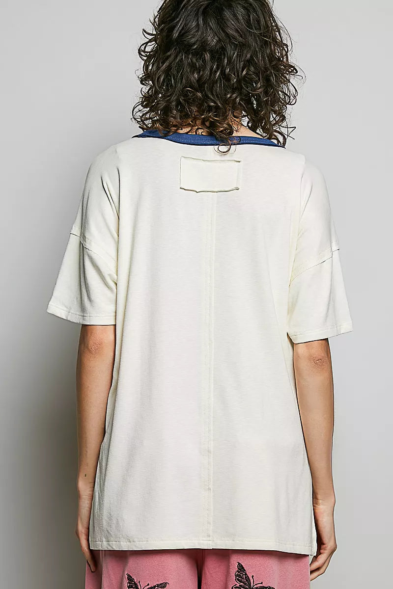 POL American Flag Color Block Side Slit Cotton Top