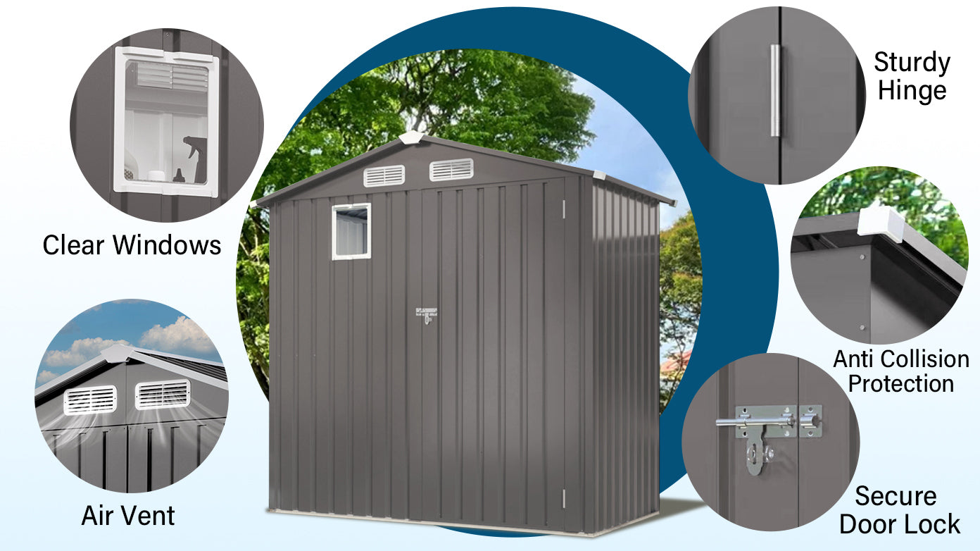 6X3.5FT Compact Metal Outdoor Storage Shed with Peaked Roof and Lockable Door, Gray,