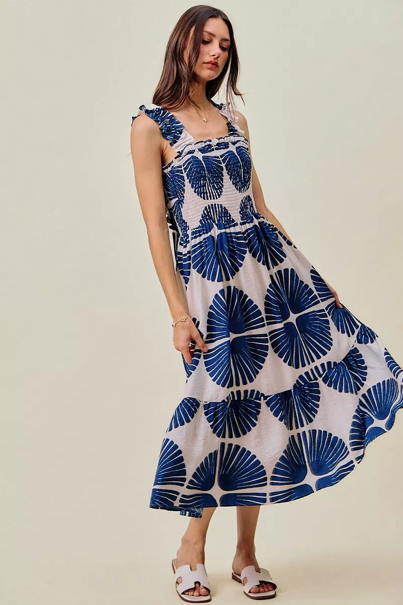 SO ME Abstract Print Smocked Bodice Tiered Lined Midi Dress