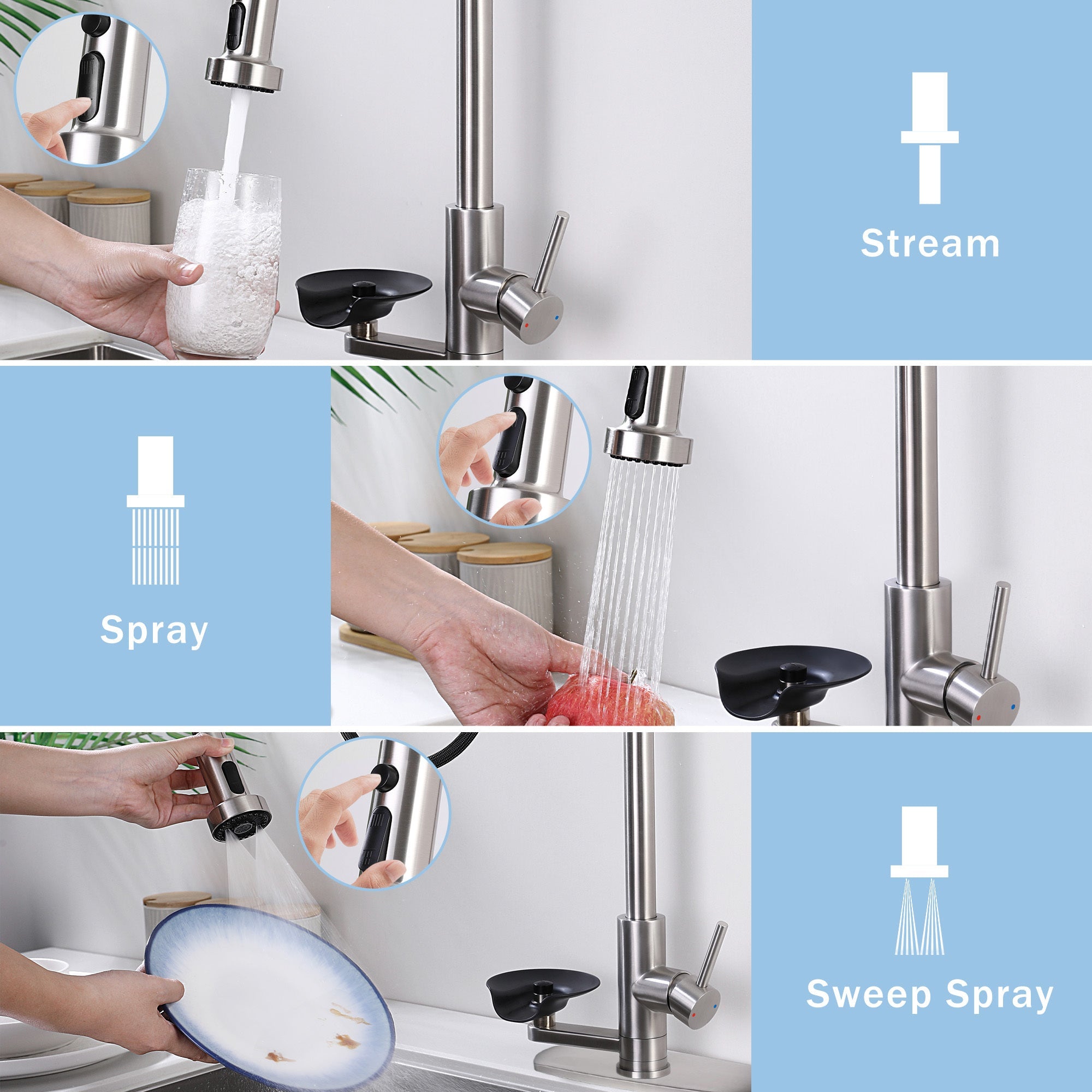 3-in-1 Kitchen Faucet with Press-Type Glass Rinser, High-Arc Pull-Down Sprayer, 3 Function Spray Mode, Brushed Nickel Finish, 9.44-Inch Spout Height, Stainless Steel & ABS Construction