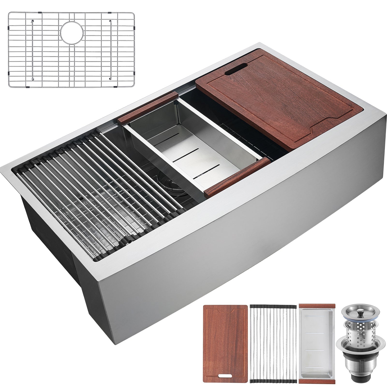 Farmhouse Kitchen Sink, 304 Stainless Steel Drop-In Sinks, Single Bowl Basin with Ledge & Accessories, Household Dishwasher Sinks for Workstation, Prep Kitchen, and Bar Sink, 36 inch