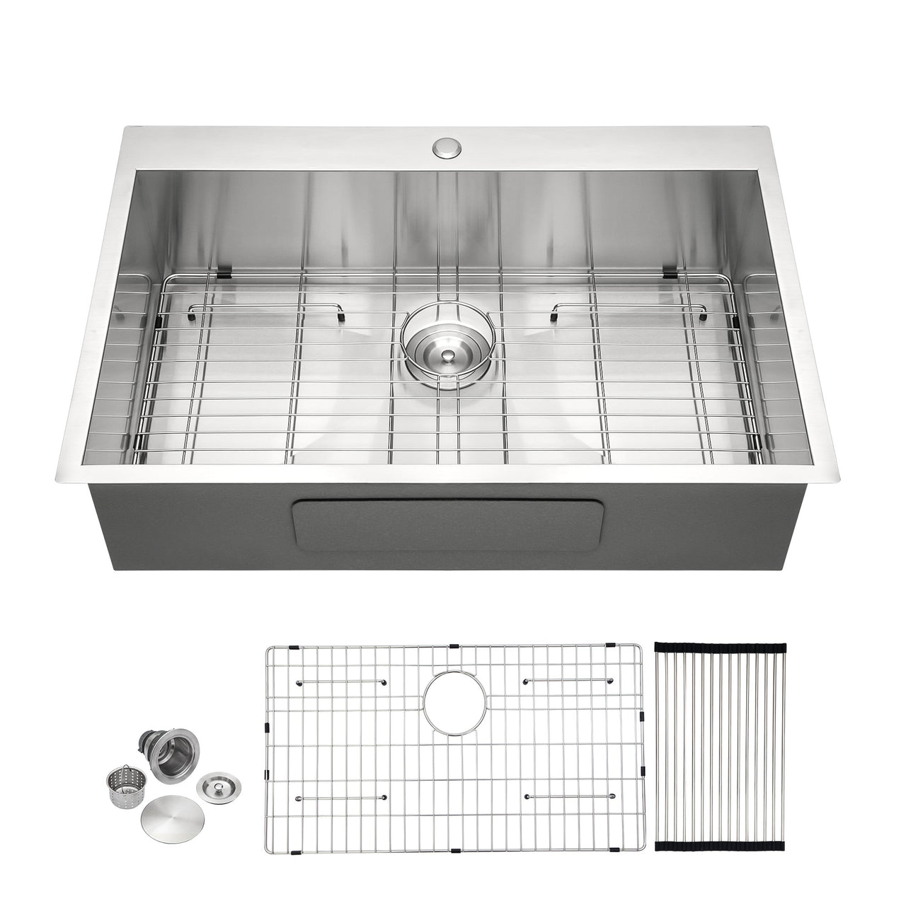 Brushed Nickel 33 x 22 Inch Kitchen Sink Drop In 16 Gauge Stainless Steel Single Bowl Topmount Basin