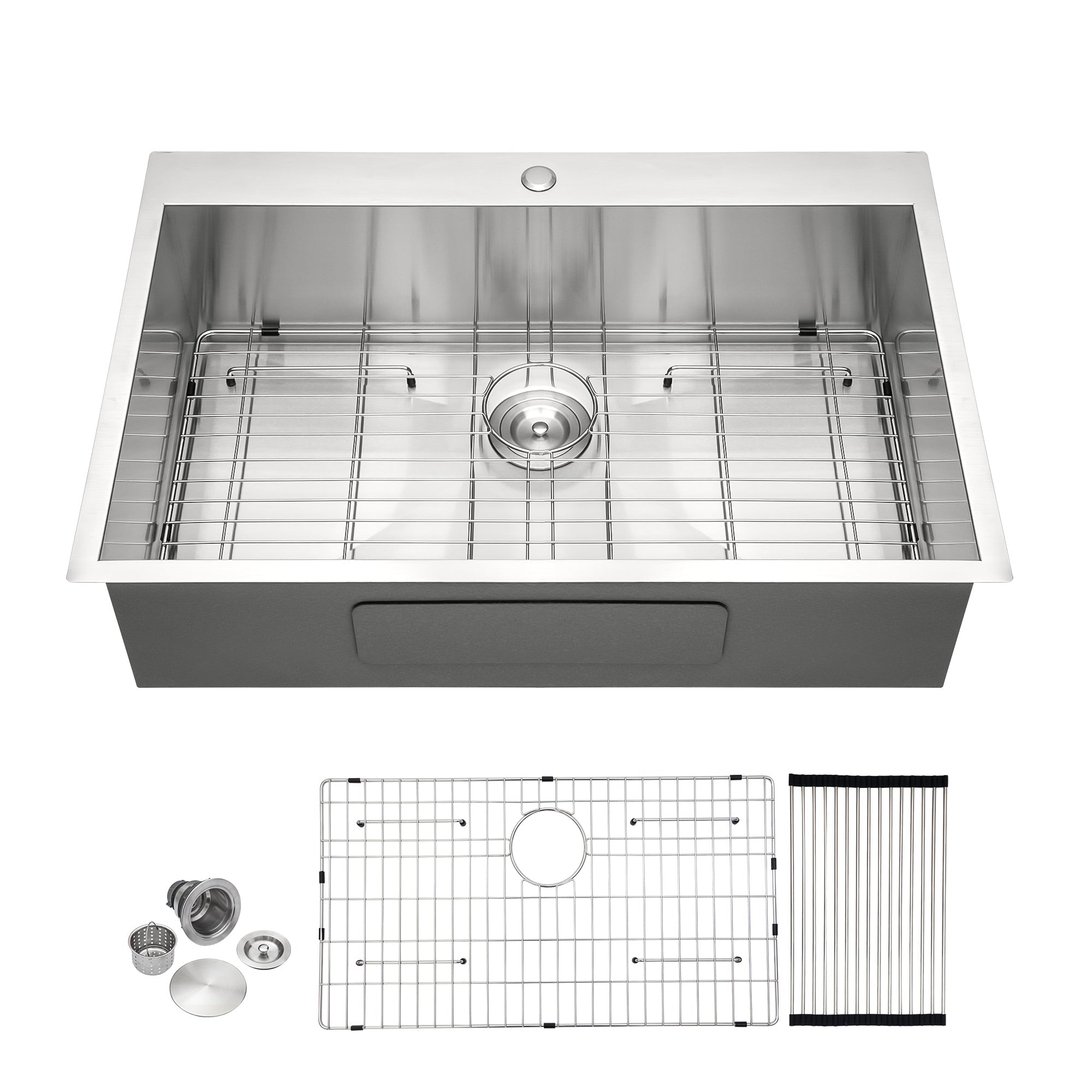 Brushed Nickel 33 x 22 Inch Kitchen Sink Drop In 16 Gauge Stainless Steel Single Bowl Topmount Basin