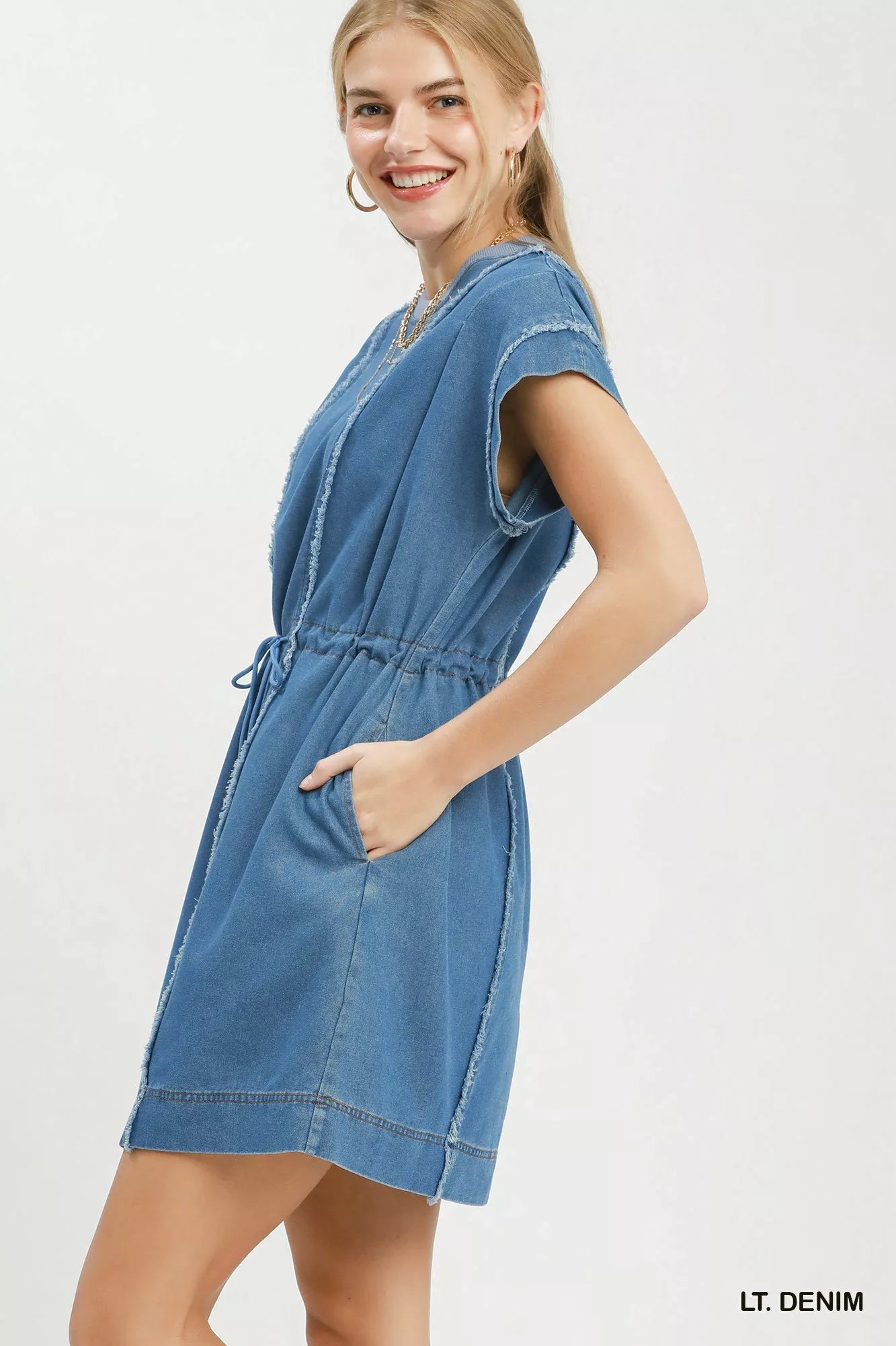 Umgee Drawstring Waist Frayed Denim Mini Dress
