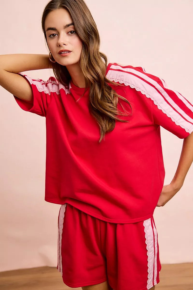 BiBi French Terry Side Lace Detail Short Sleeves Top