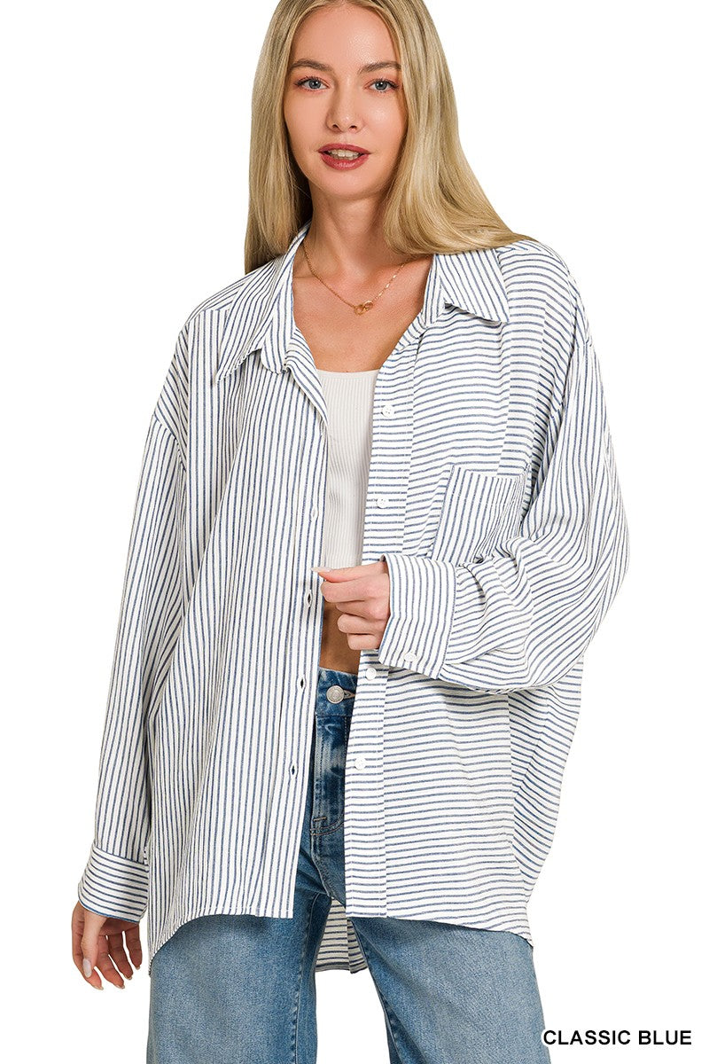 Zenana Woven Stripe Button Down Shirt