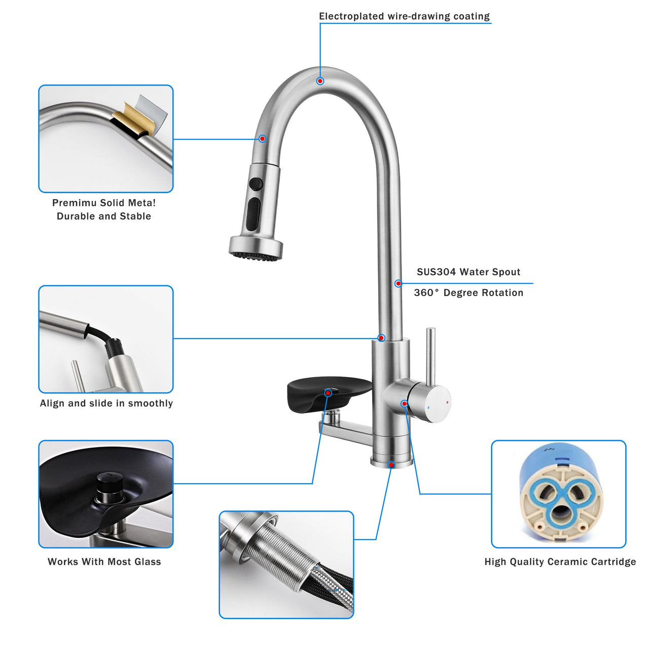 3-in-1 Kitchen Faucet with Press-Type Glass Rinser, High-Arc Pull-Down Sprayer, 3 Function Spray Mode, Brushed Nickel Finish, 9.44-Inch Spout Height, Stainless Steel & ABS Construction