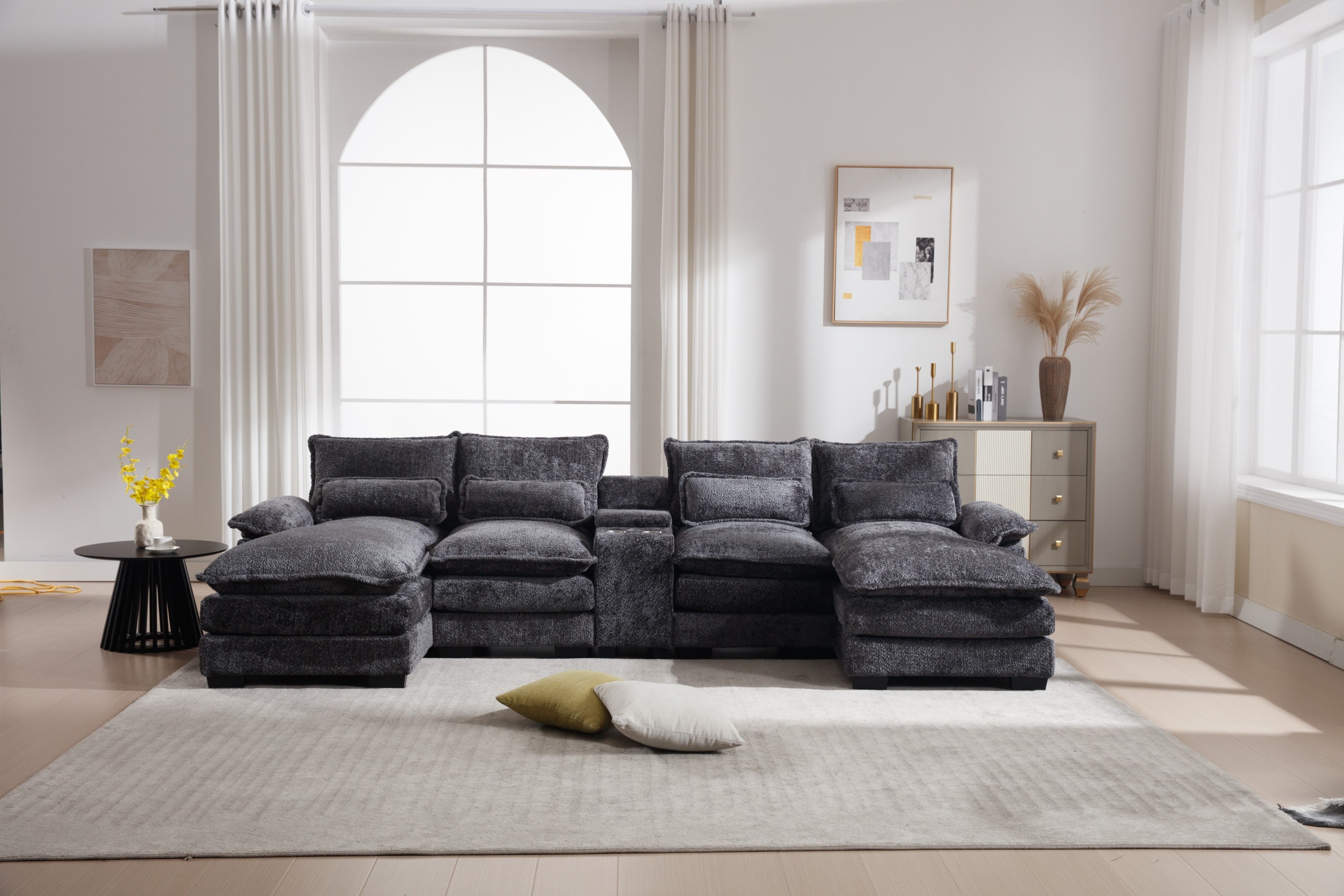 Modern U-shaped Sofa with Console,Cupholders and USB Ports,6-seat Upholstered Symmetrical Indoor Furniture,Sleeper Couch Set with Chaise for Living Room,Apartment,Gray