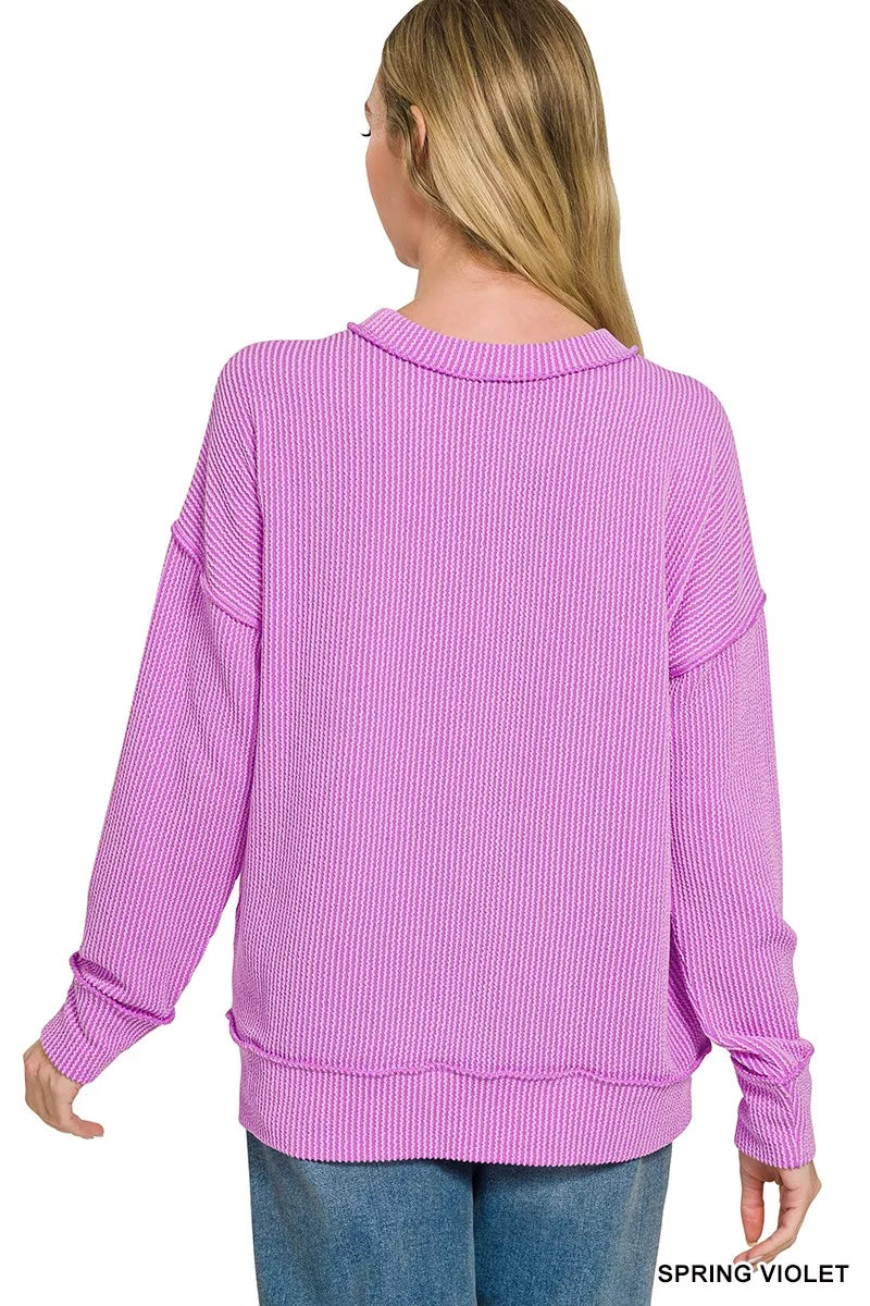 Zenana Corded Rib Long Sleeve Round Neck Top