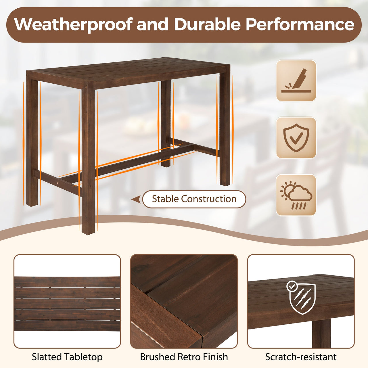 TREXM Rustic Patio Bar Set with Ergonomic Chairs, Solid Wood Slatted Tabletop in Mocha+Beige Cushion