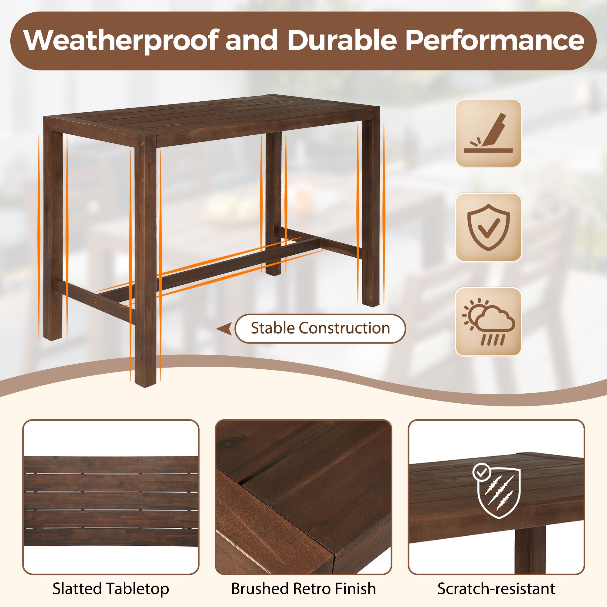 TREXM Rustic Patio Bar Set with Ergonomic Chairs, Solid Wood Slatted Tabletop in Mocha+Beige Cushion