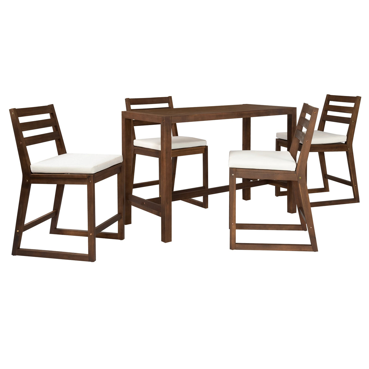 TREXM Rustic Patio Bar Set with Ergonomic Chairs, Solid Wood Slatted Tabletop in Mocha+Beige Cushion
