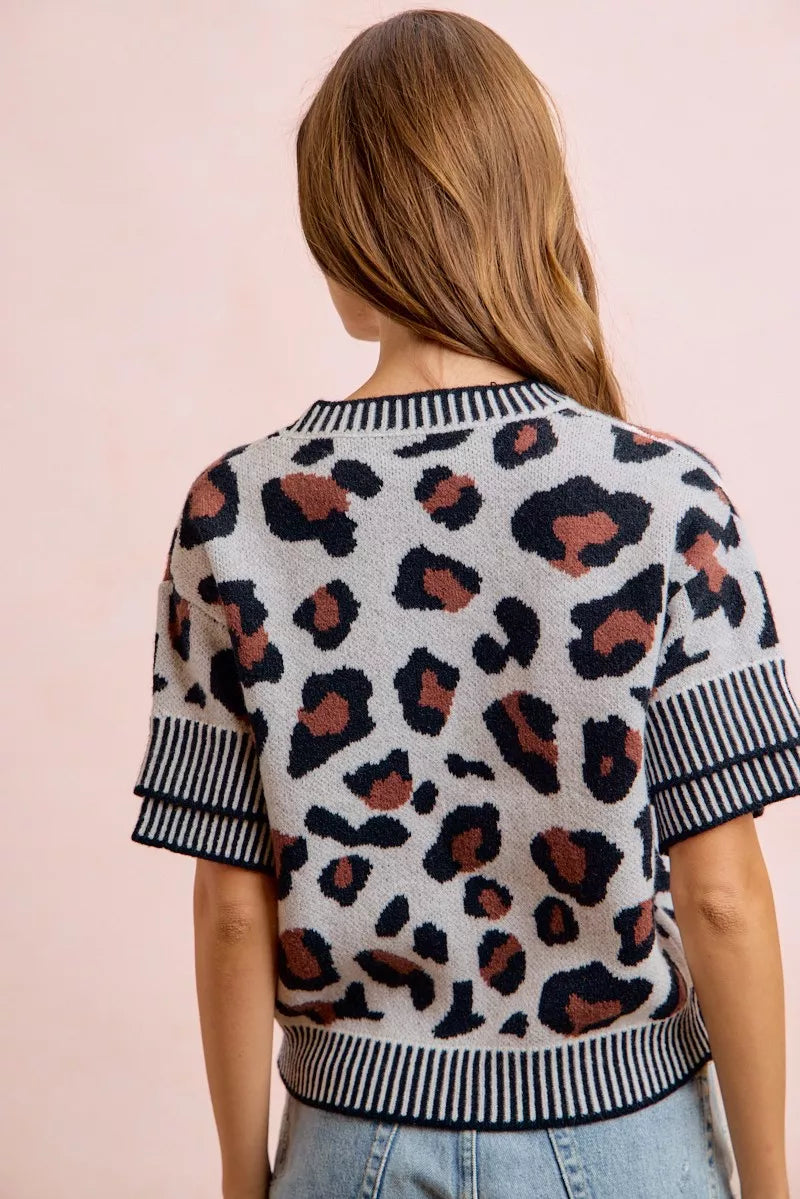 BiBi Two Tone Detail Leopard Knit Double Sleeves Top