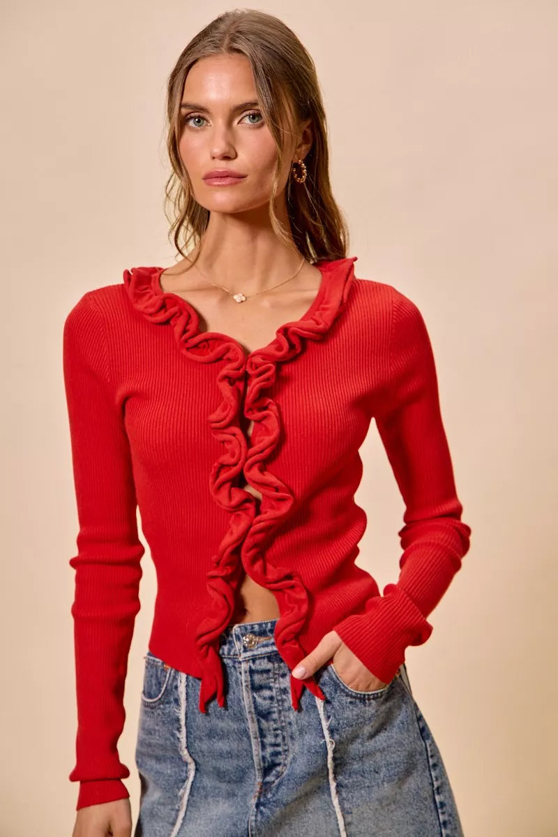 SO ME Cascade Ruffle Ribbed Sweater Cardgian