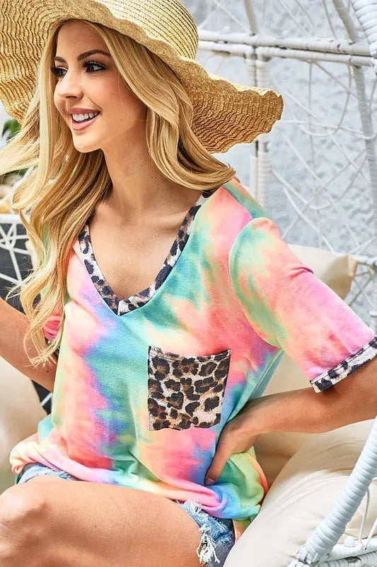 BiBi Tie Dye Print V Neck Top With Front Patch Pocket