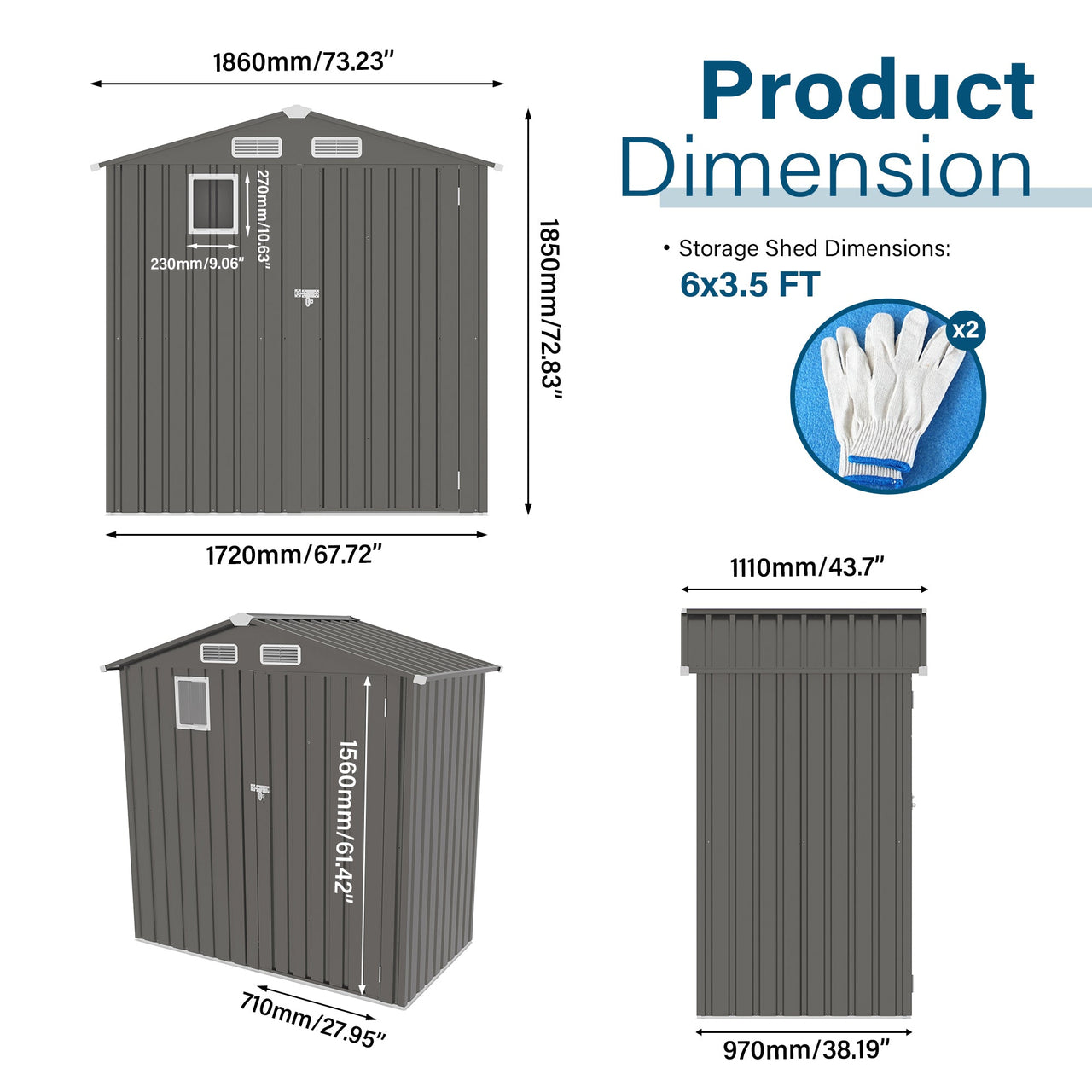 6X3.5FT Compact Metal Outdoor Storage Shed with Peaked Roof and Lockable Door, Gray,