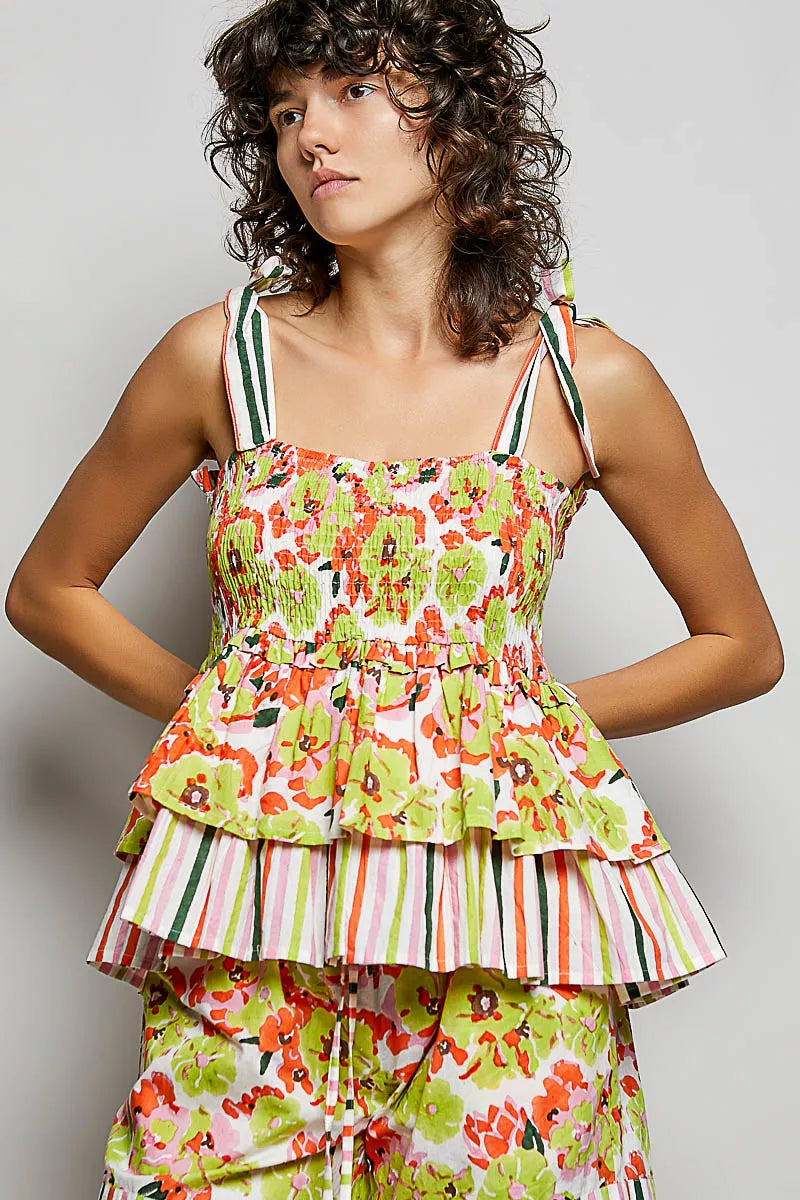 POL Floral Smocked Ruffled Cami with Tie Shoulder Straps