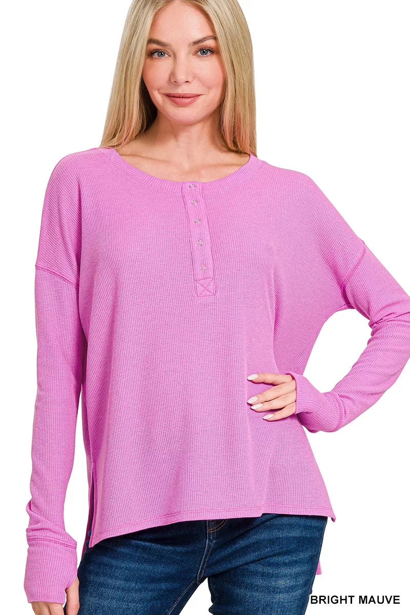 Zenana Waffle Thumb Hole Cuffs Henley Tee