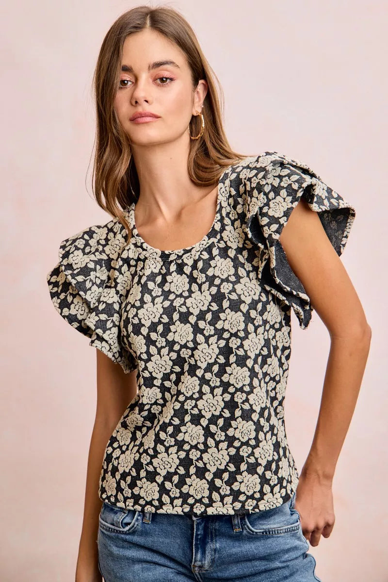 BiBi Floral Jacquard Ruffle Sleeves Knit Top